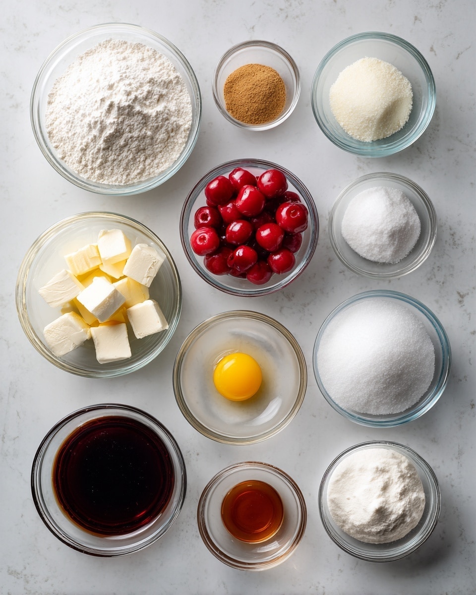 A top-down view of eleven small clear glass bowls arranged on a white marbled surface. The bowls contain different baking ingredients including white flour, white granulated sugar, light brown sugar, white cream cheese, butter cubes, bright red cherries, white powdered sugar, a single raw egg yolk and white, white baking soda, dark amber vanilla extract, and a white coarse salt. Each bowl is neatly placed showing the texture and color of the ingredients clearly, creating a balanced and clean visual setup. photo taken with an iphone --ar 4:5 --v 7