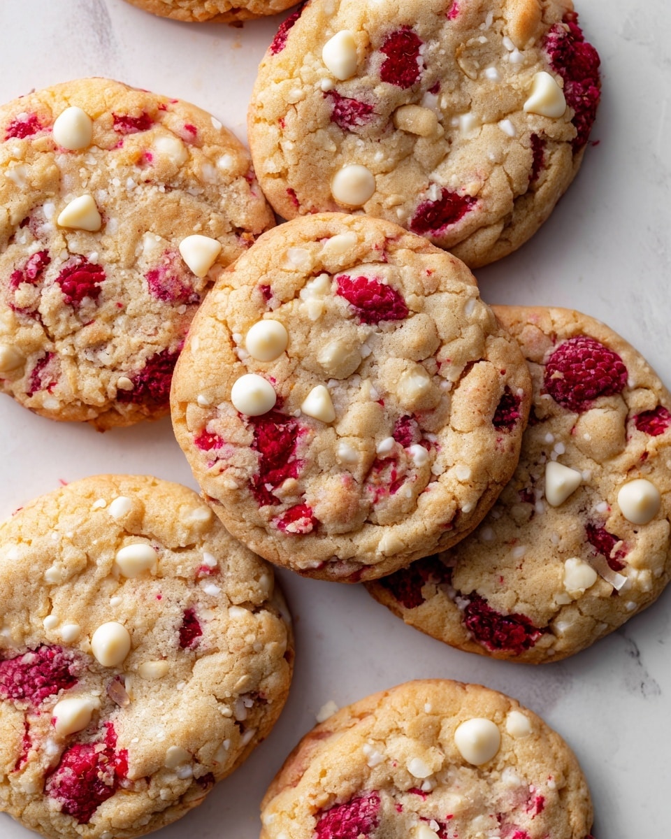 The image shows several large round cookies on a white marbled surface. Each cookie has a light golden-brown color with some rough texture. They are scattered with bright red raspberry pieces and small white chips evenly spread throughout the top and inside the cookies. The cookies have slight cracks on the surface, giving a soft and chewy look. The cookies overlap slightly, creating a casual arrangement. photo taken with an iphone --ar 4:5 --v 7