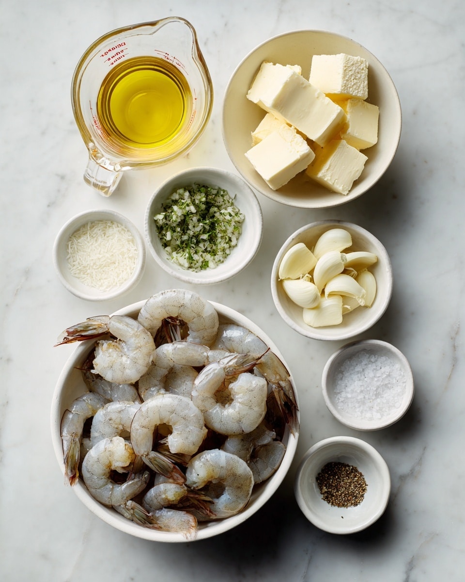 A white marbled surface holds several small white bowls and a clear measuring cup, each filled with different cooking ingredients. At the center is a small white bowl filled with raw shrimp, gray with a slightly translucent look and some tails curled. Around it, moving clockwise, are a small white bowl with square chunks of pale yellow butter, a small white bowl with light green chopped herbs, a small white bowl with white sliced garlic, and a small white bowl with fine white salt. Near the center top is a small white bowl with brown and black pepper. A small clear glass bowl contains golden yellow olive oil, and nearby is a white clear measuring cup filled with a pale yellow liquid. The overall setting uses a bright light, showing the textures and colors of the ingredients clearly. photo taken with an iphone --ar 4:5 --v 7