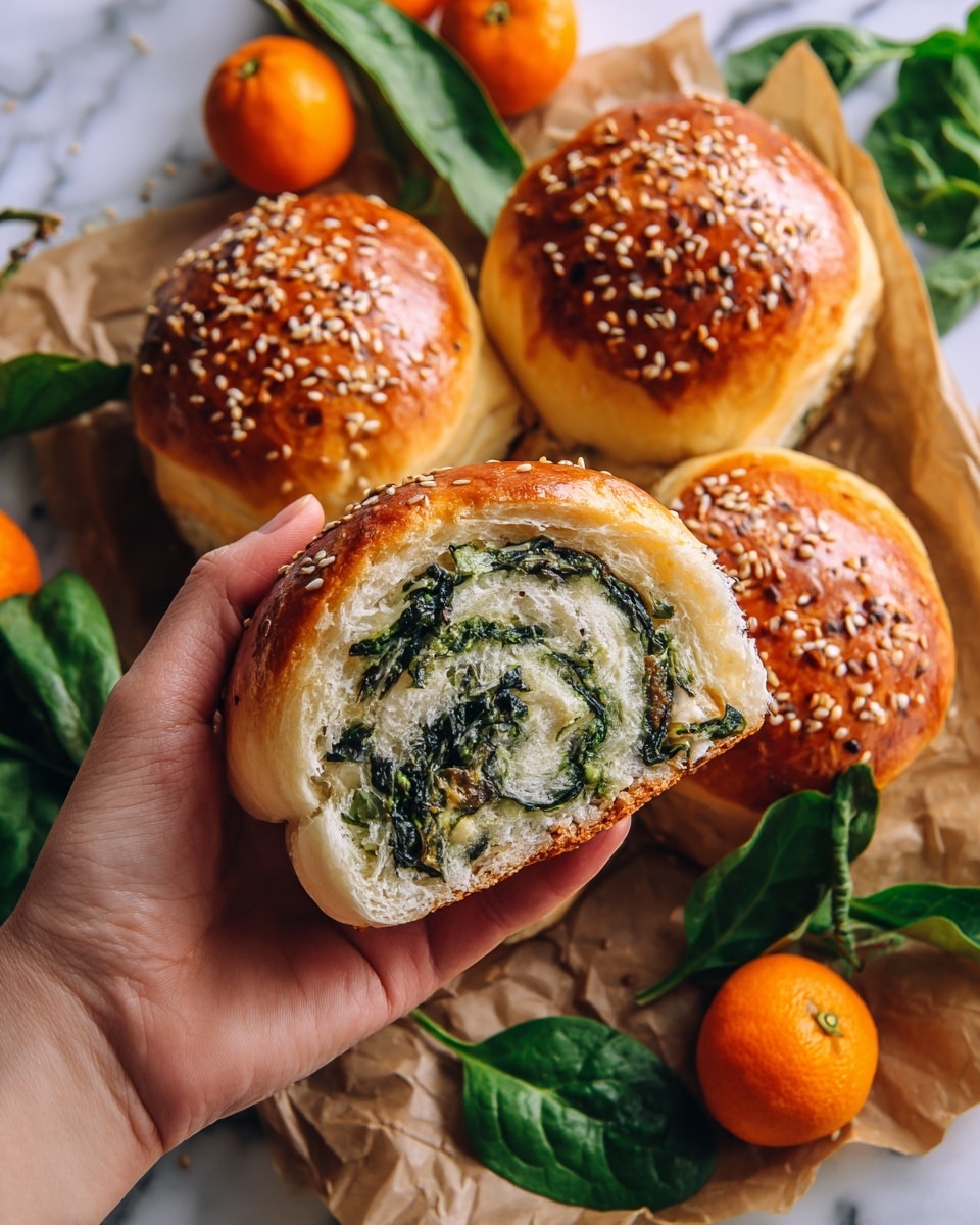 A woman's hand holds a split bun showing its soft, fluffy inside with a dark green spinach filling swirled within the light dough. The bun's outside is golden brown and shiny, sprinkled with sesame seeds. Around, there are several more golden buns with sesame seeds and spinach filling, resting on what looks like brown parchment paper. Bright fresh green spinach leaves and small vibrant orange mandarins with green leaves add color to the scene. The background is changed to a white marbled texture. photo taken with an iphone --ar 4:5 --v 7