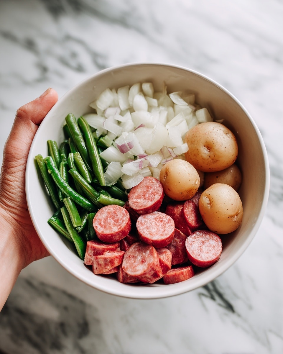 The image shows a white bowl filled with several layers of food on a white marbled surface. The bottom layer has chopped white onions with a soft, slightly glossy texture. On top of the onions, there are whole light brown baby potatoes with smooth skins. The next layer consists of bright green beans that are slender and firm. The top layer has sliced sausage pieces with a pinkish-red color and a smooth texture, evenly scattered across the bowl. A woman's hand is visible gently holding the bowl. photo taken with an iphone --ar 4:5 --v 7