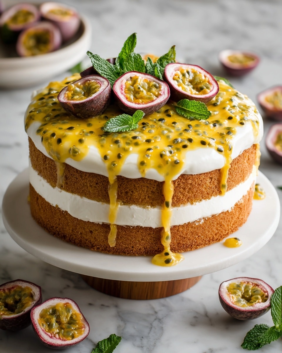 A two-layer sponge cake with light brown color, filled and topped with a thick white cream layer. Bright yellow-orange passion fruit sauce with black seeds is poured over the top, dripping down the sides of the cake. On top, there are halved passion fruits with shiny seeds and fresh green mint leaves arranged decoratively. The cake stands on a white square plate with a wooden base, surrounded by more halved passion fruits and mint leaves on a white marbled surface. photo taken with an iphone --ar 4:5 --v 7