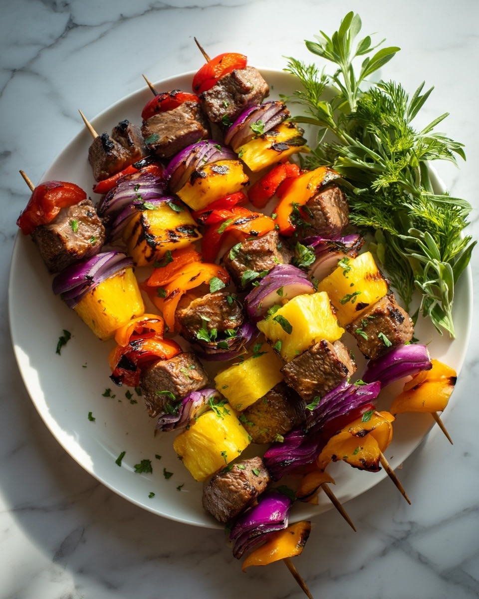 The image shows five skewers of grilled food arranged neatly on a white plate set on a white marbled surface. Each skewer has several layers, starting with chunks of browned meat, followed by bright orange bell pepper pieces, then golden yellow pineapple chunks, and finally red onion slices with a purple hue, repeating in this pattern. The colors are vibrant with the grilled meat slightly charred and the vegetables looking cooked but still fresh. A bunch of green herbs is visible in the background, adding a fresh touch. The light creates soft shadows, highlighting the textures and colors. Photo taken with an iphone --ar 4:5 --v 7