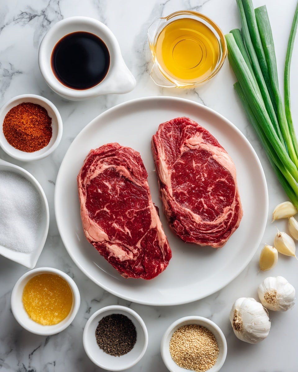 The image shows a white plate with two raw red steaks placed side by side with visible marbling. Around the plate, there are several small white dishes and bowls containing various ingredients: dark soy sauce, red spice powder, light yellow oil, golden honey, white salt, sesame seeds, and garlic cloves. There are also some green onions placed to the side. All items rest on a white marbled surface, creating a clean and organized presentation. photo taken with an iphone --ar 4:5 --v 7