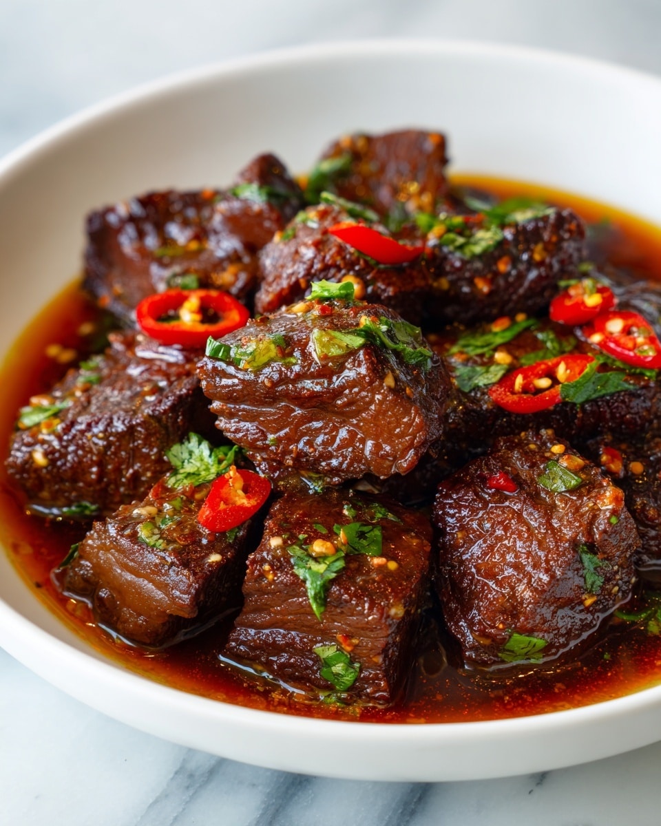 A white bowl filled with several pieces of dark brown glazed beef, each piece showing a slightly crispy texture. The beef is mixed with bright red chili slices and scattered fresh green herbs, giving a lively contrast of colors. The dish is slightly shiny with a sauce that pools at the bottom, highlighting the rich colors and moist texture of the meat. The bowl sits on a surface with a white marbled texture. Photo taken with an iphone --ar 4:5 --v 7