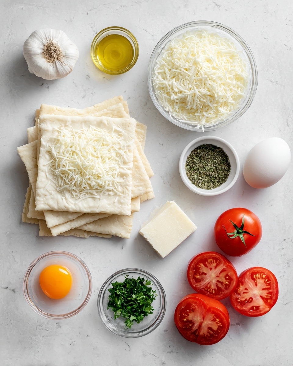 The image shows a flat white marbled surface with several cooking ingredients neatly arranged. There is a stack of square pastry sheets spread with a light layer of shredded white cheese on top, placed on the bottom left. Above these sheets is a clear glass bowl filled with more shredded white cheese. To the right of the cheese bowl, there is a small white bowl containing green dried herbs, and next to it, a small clear container with golden yellow oil. Below the herb bowl is a small glass bowl with fresh chopped green herbs, and to the right of it, a small white bowl holds a block of white grated cheese. On the right side of the image, there are three whole bright red tomatoes with green stems, and two tomato halves revealing the juicy inner texture. At the bottom left, a whole garlic bulb and a white egg lie next to a small clear dish containing a bright orange egg yolk. The ingredients are evenly spaced, showing a colorful and fresh collection on a clean white marbled surface photo taken with an iphone --ar 4:5 --v 7
