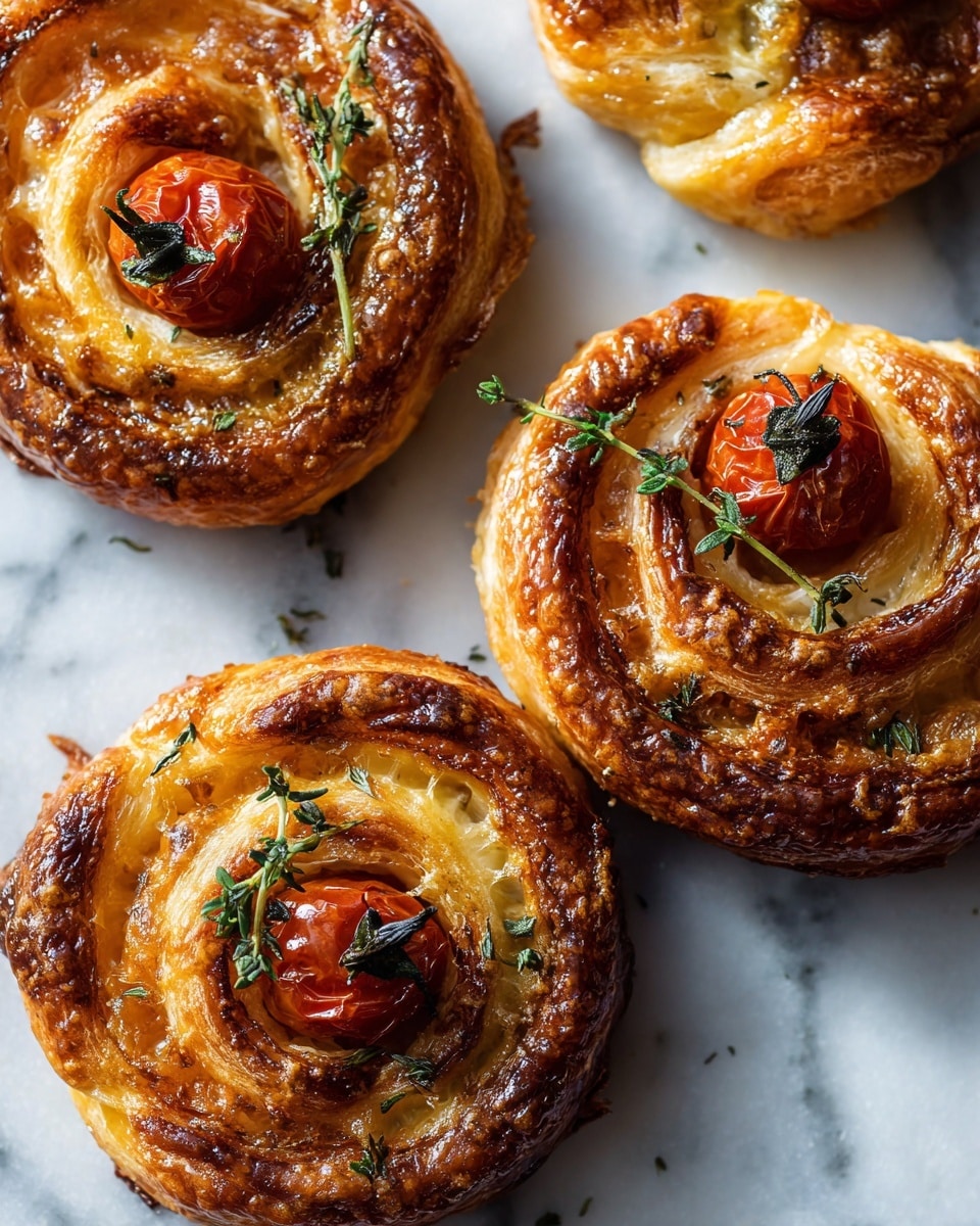 A close-up view of four golden brown spiral pastries placed on a white marbled surface, each with multiple flaky layers visible, showing a crispy texture around the edges. In the center of each spiral, there is a small roasted red cherry tomato with its wrinkled skin, topped with tiny green herb leaves and fresh thyme sprigs placed on top for garnish. The light highlights the shiny, slightly browned cheese or glaze that covers the pastries, making them look warm and fresh. photo taken with an iphone --ar 4:5 --v 7