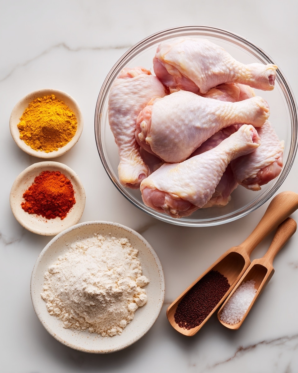 A clear glass bowl sits on a white marbled surface, filled with several raw chicken drumsticks that are pale pink with a slight shine. Nearby, a round white plate holds small piles of different spices: a bright orange-red powder, a fine yellow powder, a light beige powder, and a mound of white flour with a soft texture. Next to the plate, two small wooden scoops contain coarse salt and a dark brown powder, resting directly on the white marbled surface. The setup is simple and clean, with all items arranged neatly around the bowls and plates, photo taken with an iphone --ar 4:5 --v 7