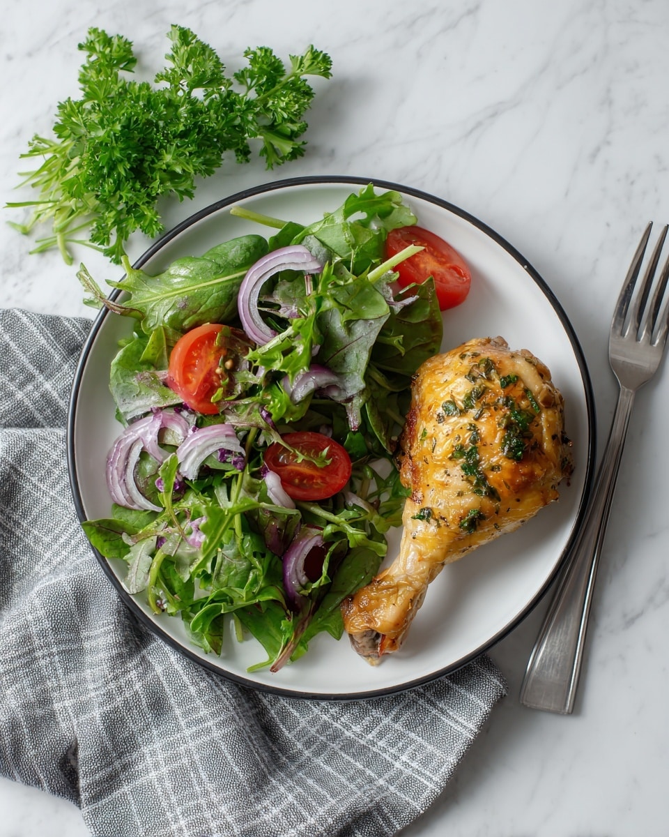 A white round plate with a black rim sits on a white marbled surface, holding a single cooked drumstick on the right side that is golden-brown with some green herb bits on top. On the left is a fresh garden salad made of light and dark green leaves, spinach, halved red cherry tomatoes, and thin curved slices of purple onion. A silver fork rests on a gray striped cloth napkin beside the plate, and some fresh green parsley lies on the upper left side of the scene. Photo taken with an iphone --ar 4:5 --v 7