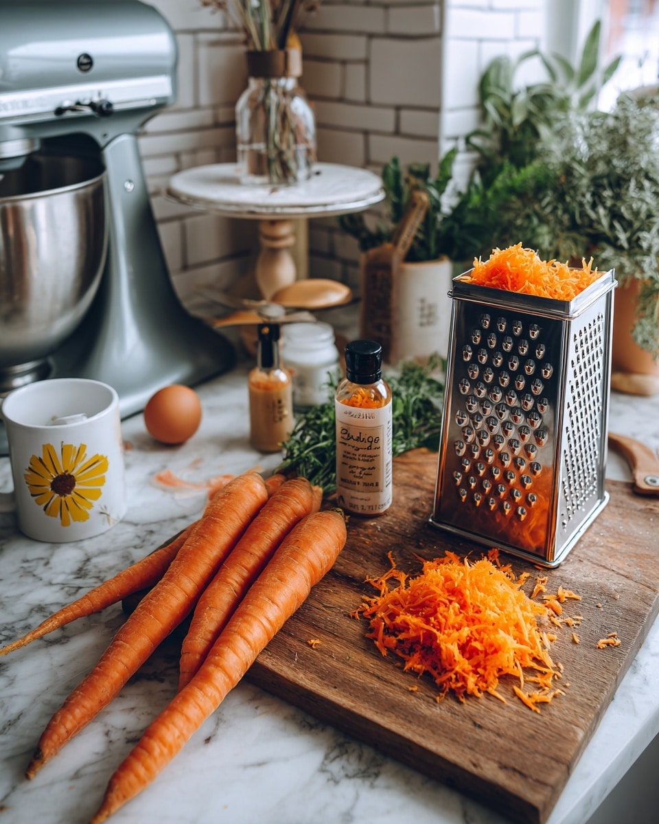 The image shows a wooden cutting board on a white marbled countertop with three whole bright orange carrots lying next to a pile of finely shredded carrot pieces. A metal box grater covered with bits of shredded carrot sits upright on the right side of the board. Behind the board, there are two small bottles, one labeled vanilla extract and the other ground cinnamon, and a cracked egg shell. To the left, there is a white cup with a yellow flower design filled with coffee, and a gray KitchenAid mixer with a wooden bowl is partially visible. The background shows a cozy kitchen with white brick wall tiles, green plants, a glass cake stand, and a decorative lamp. Photo taken with an iphone --ar 4:5 --v 7