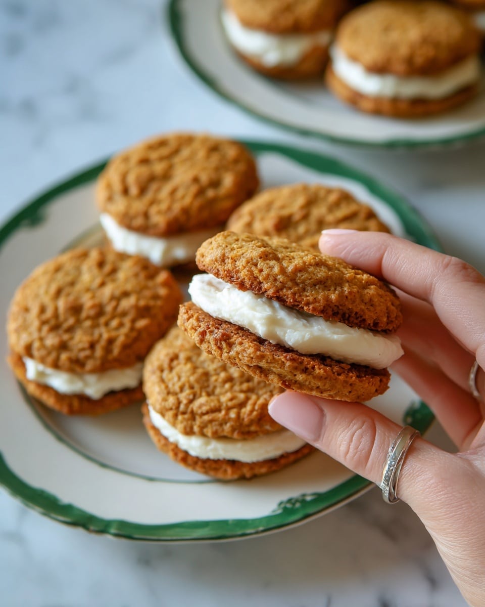 A woman's hand with a silver ring and light skin gently holds a small sandwich cookie with two rough-textured golden brown oatmeal-like cookie layers filled with a thick white cream layer in the middle. More of the same sandwich cookies are placed on a white plate with a green rim, all showing the same two golden brown cookie layers with the white cream filling in the center. The background features a white marbled surface. photo taken with an iphone --ar 4:5 --v 7