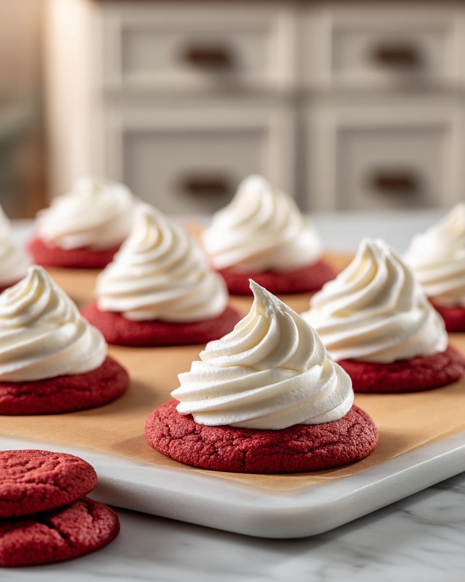 A tray with two rows of round red cookies, each topped with a thick swirl of white cream in a spiral pattern creating a tall peak; the tray is covered with light brown parchment paper and placed on a white marbled surface. In the foreground on the marbled surface are two round red cookies without cream, showing a soft, slightly cracked texture. The background includes a kitchen setting with white cabinets and drawers. photo taken with an iphone --ar 4:5 --v 7