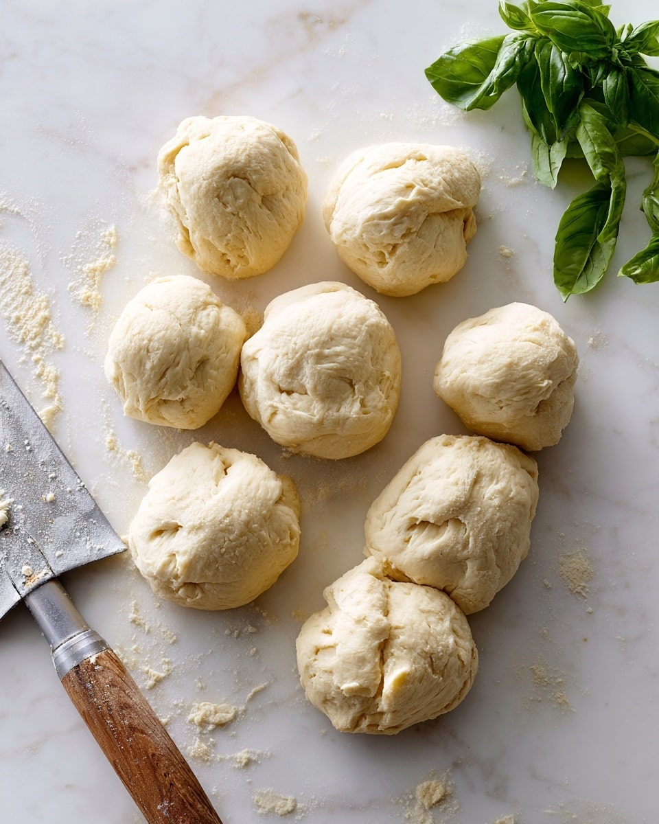 The image shows eight pieces of soft beige dough, each with a smooth and slightly shiny surface, arranged loosely on a white marbled countertop. Some pieces are folded or rounded with gentle creases, showing a fluffy texture. Near the bottom edge of the frame lies a metal dough scraper with a wooden handle, partially on the countertop. In the top right corner, fresh green basil leaves bring a pop of vibrant color to the scene. The photo is taken from above with an iphone --ar 4:5 --v 7