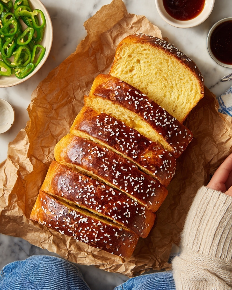 The image shows six thick slices of soft bread with a rich golden-brown crust covered in white sesame seeds, arranged on a crumpled piece of brown parchment paper over a white marbled surface. The bread slices display a fluffy, light yellow interior with a slightly shiny crust. In the top left corner, there is a white bowl filled with bright green peppers, and on the top right, there are small white bowls containing dark and light sauces placed on a blue and white checkered cloth. The lower part of the image captures a woman's light blue jeans and a cream-colored sweater, hinting at a casual setting. photo taken with an iphone --ar 4:5 --v 7