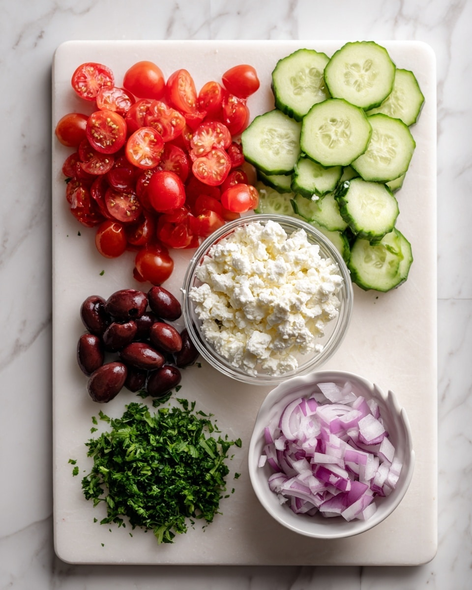 The image shows a white cutting board on a white marbled surface with five groups of food ingredients neatly arranged. On the top left, there are small red grape tomatoes, some sliced in half. To the right of the tomatoes, there are thick slices of light green cucumber. In the center, there is a small clear glass bowl filled with white feta cheese crumbles. Below the bowl of cheese, there is a small cluster of dark brown olives. On the bottom left, there is a small pile of chopped green parsley. To the far right, on the white marbled surface next to the board, there is a small white bowl filled with sliced purple onions. The overall scene is bright and clean. photo taken with an iphone --ar 4:5 --v 7