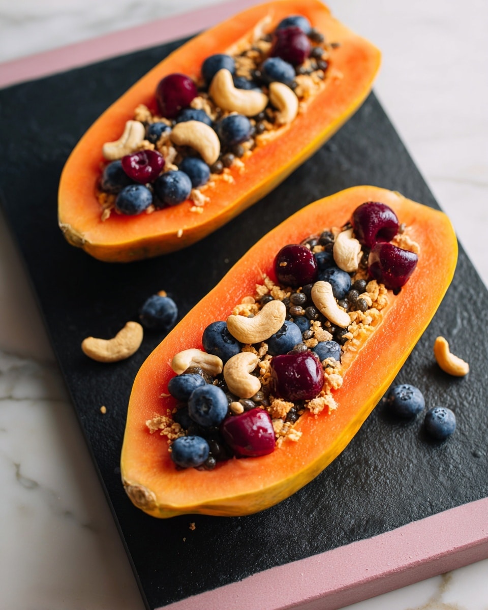 Two papaya halves lie side by side on a dark cutting board with a soft pink border, placed on a white marbled surface. Each papaya is filled with three main layers: the bright orange inner flesh as the base layer, topped with a layer of small, round, deep blue blueberries scattered evenly, and sprinkled with light brown crunchy granola. On top of this, there are several light yellow cashew nuts and halved dark red cherries arranged in small clusters, adding texture and color contrast. The overall presentation is neat and colorful, highlighting the fresh and natural look of the ingredients. Photo taken with an iphone --ar 4:5 --v 7
