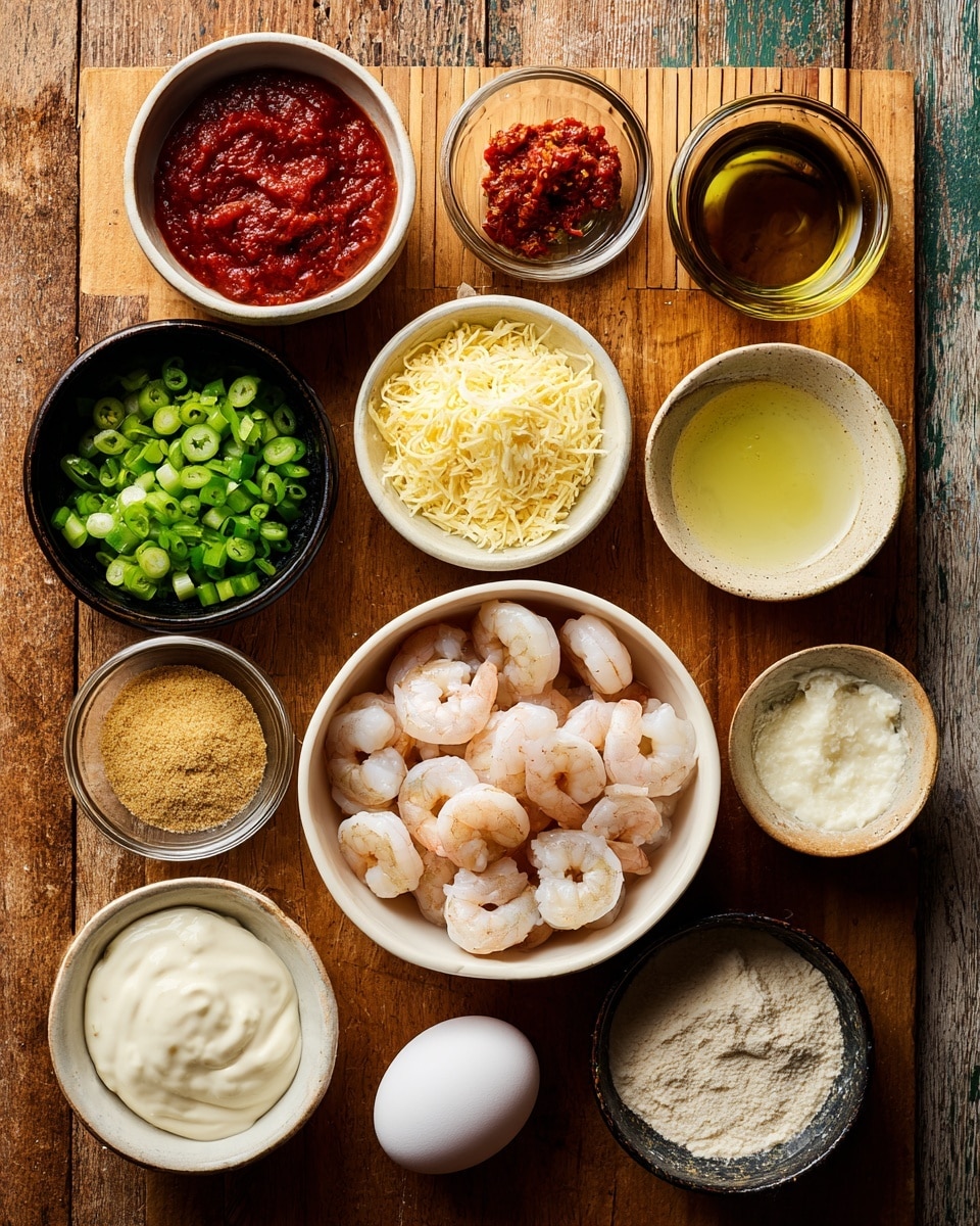 The image shows a wooden table with small glass bowls arranged on it, each containing different cooking ingredients. At the bottom center, there is a white bowl with raw peeled shrimp placed on it. Surrounding the shrimp are small white bowls filled with various items: bright red sauce, chopped green chilies, a pale yellow powder, finely grated cheese, white creamy sauce, and some golden colored liquid, possibly oil. There is also a dark bowl with a light brown powder and a whole white egg in a small white bowl. The table has a slightly worn texture, and next to the bowls is a bamboo sushi mat. The whole scene is viewed from above, creating a neat and organized look. Photo taken with an iphone --ar 4:5 --v 7