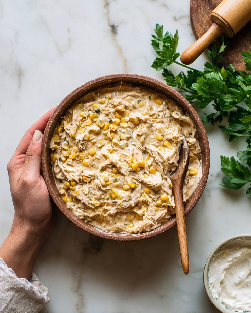 A top view of a brown bowl filled with a light beige, creamy mixture that has visible pieces of yellow corn and shredded light brown chicken. A wooden spoon with a slightly glossy texture rests inside the bowl, partially buried in the mixture. A woman's hand holds the side of the bowl, which has some smeared cream around the edges inside. The background shows a white marbled surface, a rolling pin with a wooden handle, a bit of green leafy parsley on the lower right, and a small white dish with a thick white creamy substance partially visible on the upper left. The person holding the bowl wears light-colored clothing. photo taken with an iphone --ar 4:5 --v 7