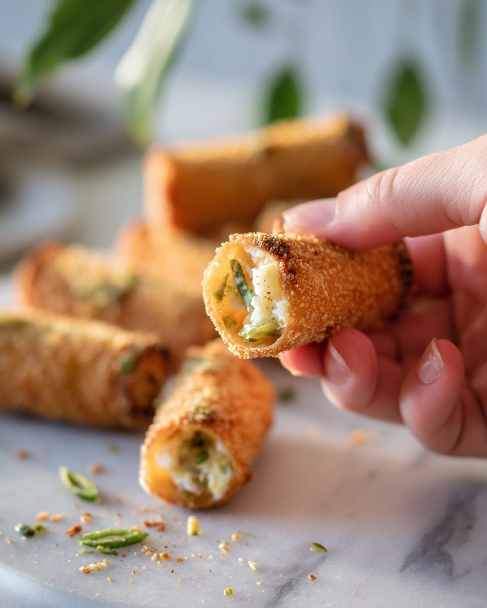 A close-up of a woman's hand holding a golden brown, crispy rolled snack broken in half, showing a creamy filling mixed with small green bits inside. The background shows more of these rolls sprinkled with green herbs on a white marbled surface. Some blurred green leaves are visible in the corner. The lighting highlights the crunchy texture of the snack and the soft creamy filling inside. photo taken with an iphone --ar 4:5 --v 7