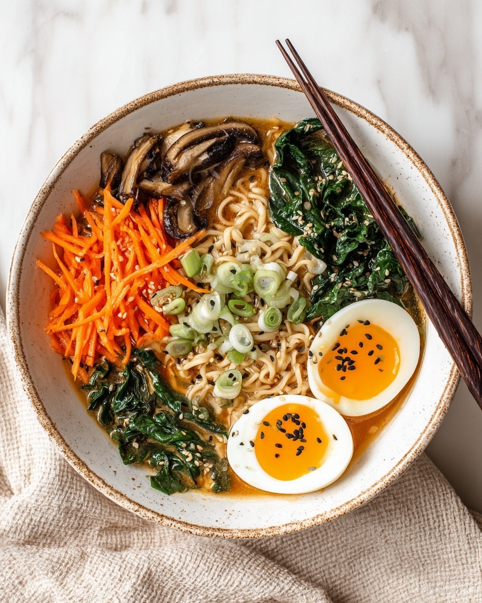 A white bowl with a light brown speckled rim holds a colorful ramen dish with visible layers. The bottom layer is light brown noodles soaked in broth, topped with bright orange shredded carrots on the left side. On the right, there are dark sliced mushrooms and bright green cooked spinach leaves. Two halves of a soft-boiled egg with bright orange yolks and white whites lie near the center. Thinly sliced light green scallions are scattered over the bowl along with white and black sesame seeds. A pair of dark wooden chopsticks rests on the bottom right edge of the bowl. The bowl sits on a white marbled surface with beige textured cloth nearby. Photo taken with an iphone --ar 4:5 --v 7