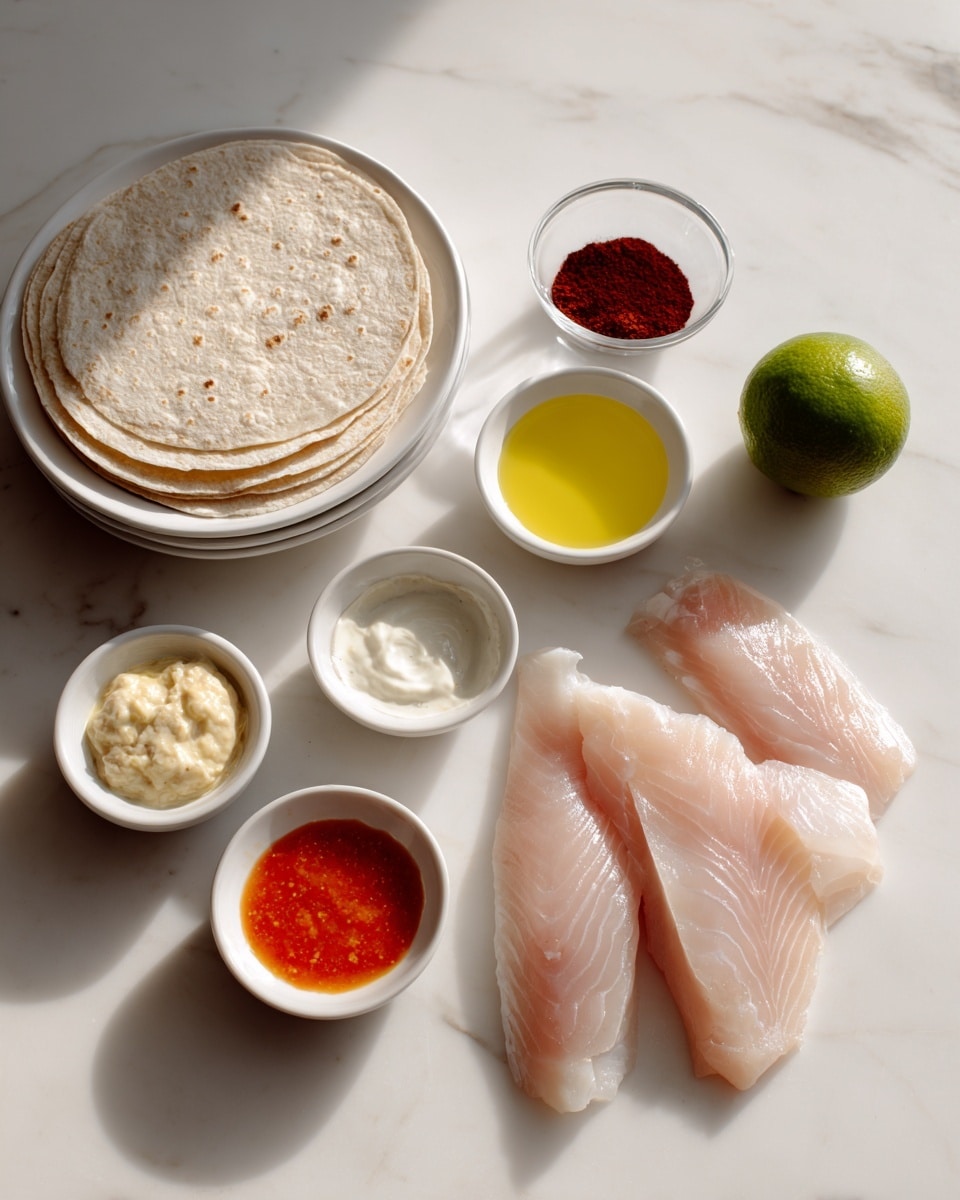 The image shows three raw fillets of fish with a pale pink color placed on the right side on a white marble surface. To the left, there is a clear white plate stacked with four round, light beige tortillas. Nearby, there are five small white bowls filled with different ingredients: one has white sauce, another contains a creamy beige sauce, a third holds a bright red sauce, another one has a yellow oil-like liquid, and the last one has a dark red powder with a small scoop. At the top right corner of the image, there is a whole green lime on the white marble surface. The setup is neat and organized, with shadows softly cast. photo taken with an iphone --ar 4:5 --v 7