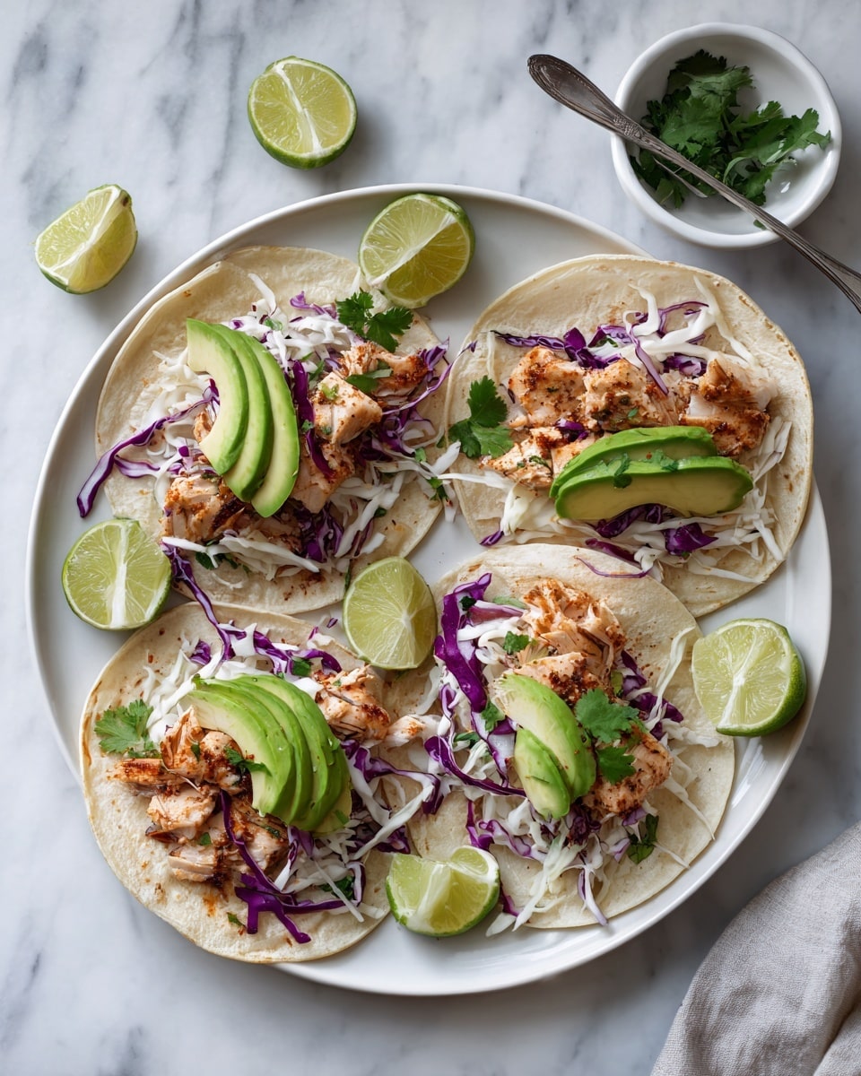 The image shows a white round plate with four soft white tortillas arranged flat or folded. Each tortilla holds a layer of grilled light brown fish pieces with a slightly crispy texture on top. Underneath the fish is a mix of shredded white and purple cabbage, and some green cilantro leaves scattered in. There are several slices of green avocado placed on top or alongside the fish. The plate also has four lime wedges with a bright yellow-green color on the side. The whole setup is on a white marbled surface, and a small white bowl with a spoon is seen nearby. photo taken with an iphone --ar 4:5 --v 7