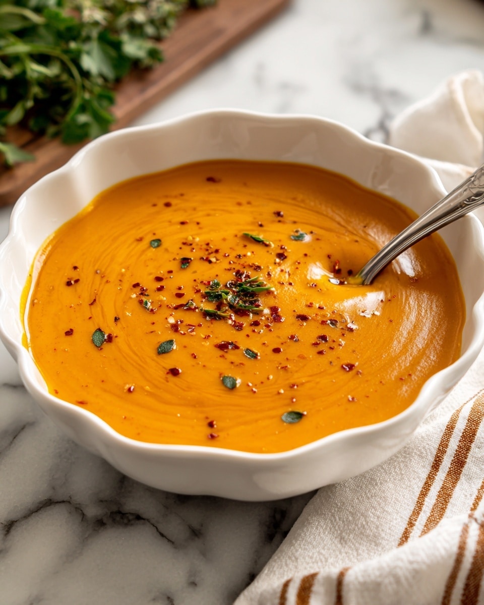 A white scalloped bowl filled with a thick, smooth orange soup, showing gentle swirls on the surface. The soup is topped with small green herb pieces and a light sprinkle of red spices, scattered mainly in the center. A silver spoon rests on the edge of the bowl, partially dipped into the soup. The setting is on a white marbled surface, with a striped white and brown cloth nearby and some green herb leaves in the upper left corner. photo taken with an iphone --ar 4:5 --v 7