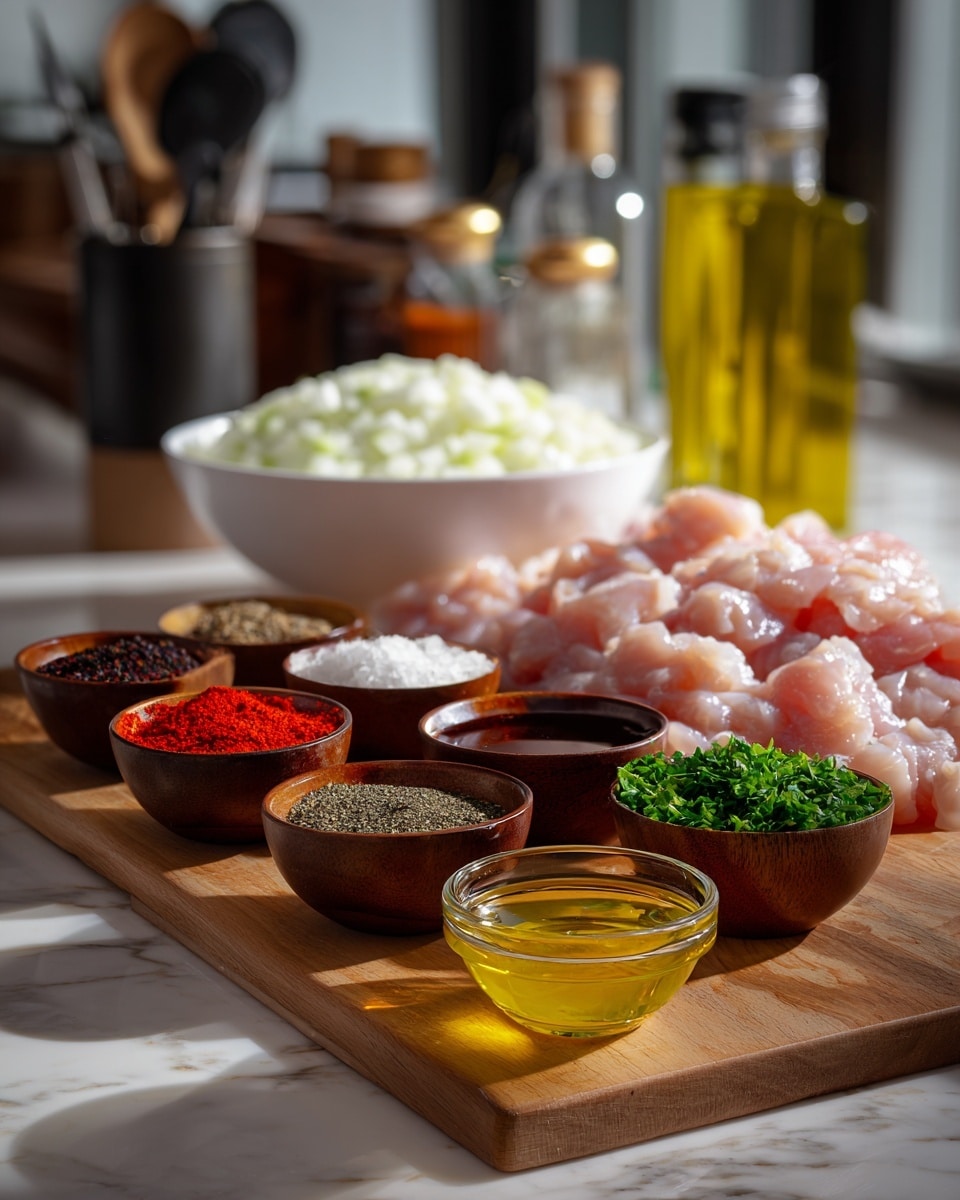 The image shows a wooden board with several small bowls filled with different ingredients arranged in front of a large pile of raw, cut chicken pieces placed in the center. The bowls contain bright red chili powder, dark liquid sauce, chopped green herbs, ground black pepper, and golden cooking oil, each in separate wooden or glass containers. Behind the chicken, there is a white bowl full of chopped white onions. The background features a white marbled surface with blurred kitchen items and bottles. The lighting highlights the fresh textures and vibrant colors of the ingredients, arranged neatly and ready for cooking. photo taken with an iphone --ar 4:5 --v 7