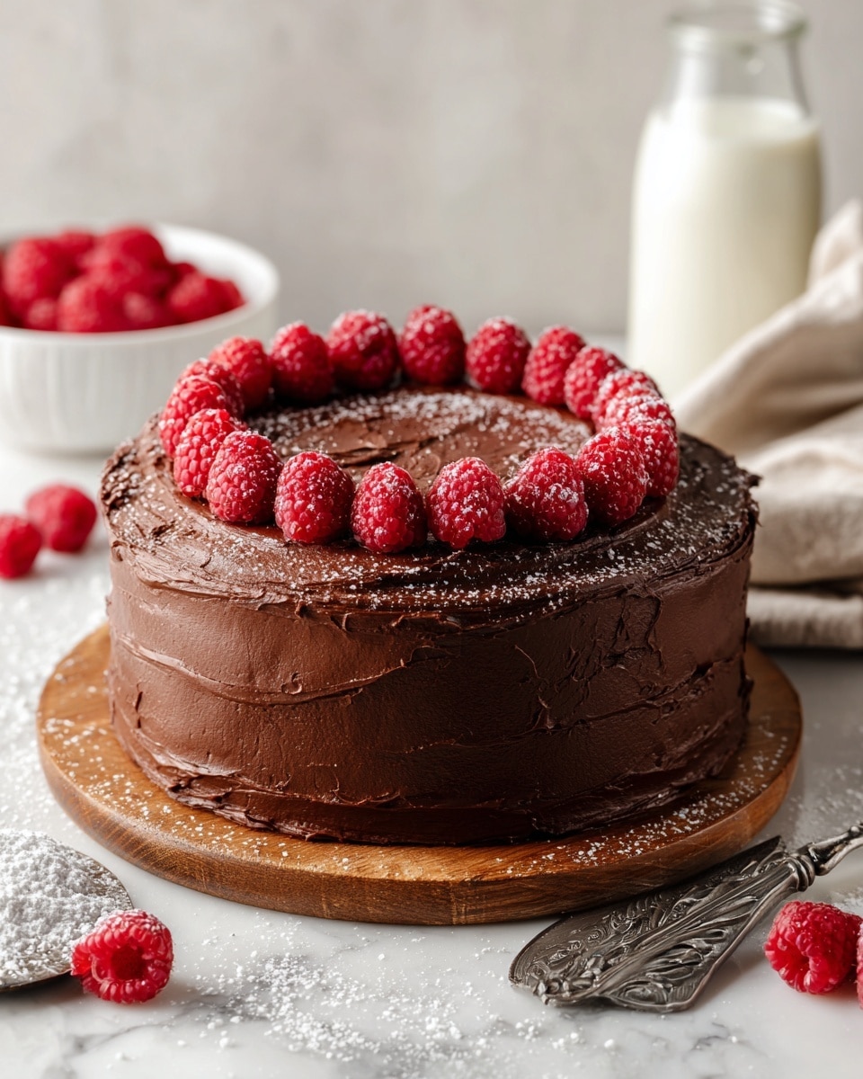 A round chocolate cake with rich, smooth chocolate frosting covers all sides and the top. There is one main layer of cake, thick and tall, sitting on a wooden board. On top, a ring of fresh red raspberries lines the edge, adding bright color. Powdered sugar is lightly sprinkled over the top and around the base on the white marbled surface. In the background, a clear glass bottle filled with milk and a white bowl filled with more raspberries are blurred. Some loose raspberries and powdered sugar are spread near a ornate silver cake server on the white marbled surface. Photo taken with an iphone --ar 4:5 --v 7
