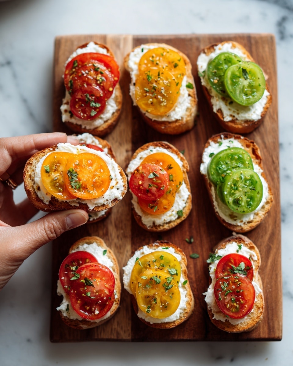 The image shows a wooden board with eight small open sandwiches arranged in two rows. Each sandwich has a base of white creamy spread, topped with two or three slices of colorful tomatoes in red, orange, green, and yellow hues. Some tomato slices have light green herbs sprinkled on top. The wooden board lies on a white marbled surface, adding to the brightness of the scene. One sandwich in the upper left corner is held delicately by a woman's hand. The overall look is fresh and vibrant with a mix of smooth, soft textures and juicy, colorful layers. photo taken with an iphone --ar 4:5 --v 7