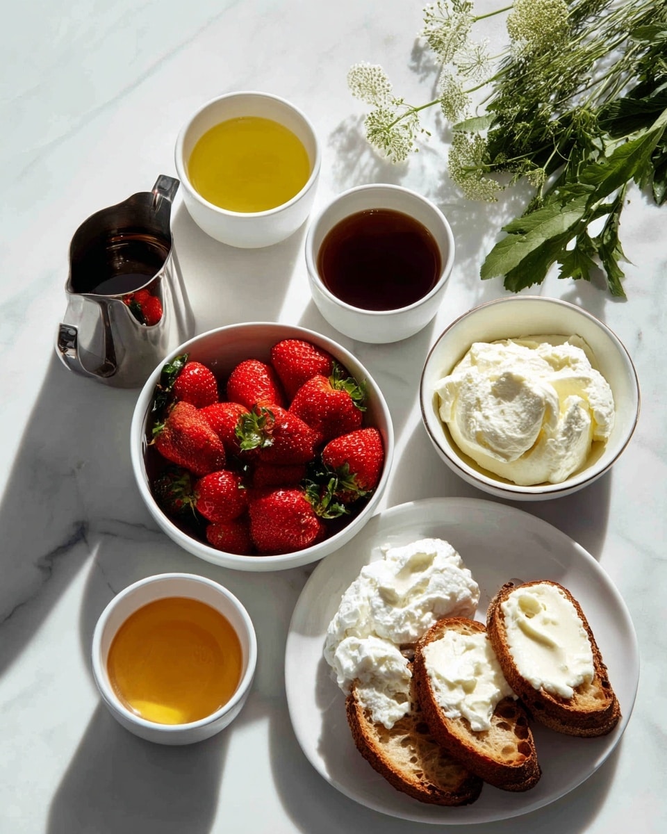 The image shows six white dishes and containers arranged on a white marbled surface. From left to right, there is a white bowl full of red strawberries with green leaves, a jug with a metal pour spout, a white bowl with thick white cream, and a white bowl with soft white cheese. Above these, there are three white cups filled with different liquids: one dark brown, one yellow, and one medium brown. To the right, there is a white plate with three slices of bread arranged overlapping each other, and behind it are some green leafy herbs. The scene is bright with natural light, and all items are neatly placed. photo taken with an iphone --ar 4:5 --v 7