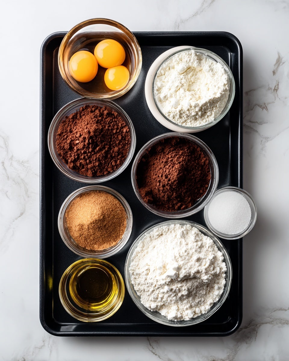 The image shows a black baking tray with seven clear bowls and one glass filled with different ingredients placed neatly on a white marbled surface. There are two cracked eggs in one bowl, white flour in another, dark cocoa powder in a separate bowl, light brown sugar in another, and a small bowl with light syrup or honey. There is a bowl of white granulated sugar, a glass of oil, and a small bowl with white salt. The colors of the ingredients contrast well with the tray and the white marbled surface, and everything is arranged clearly and neatly. Photo taken with an iphone --ar 4:5 --v 7
