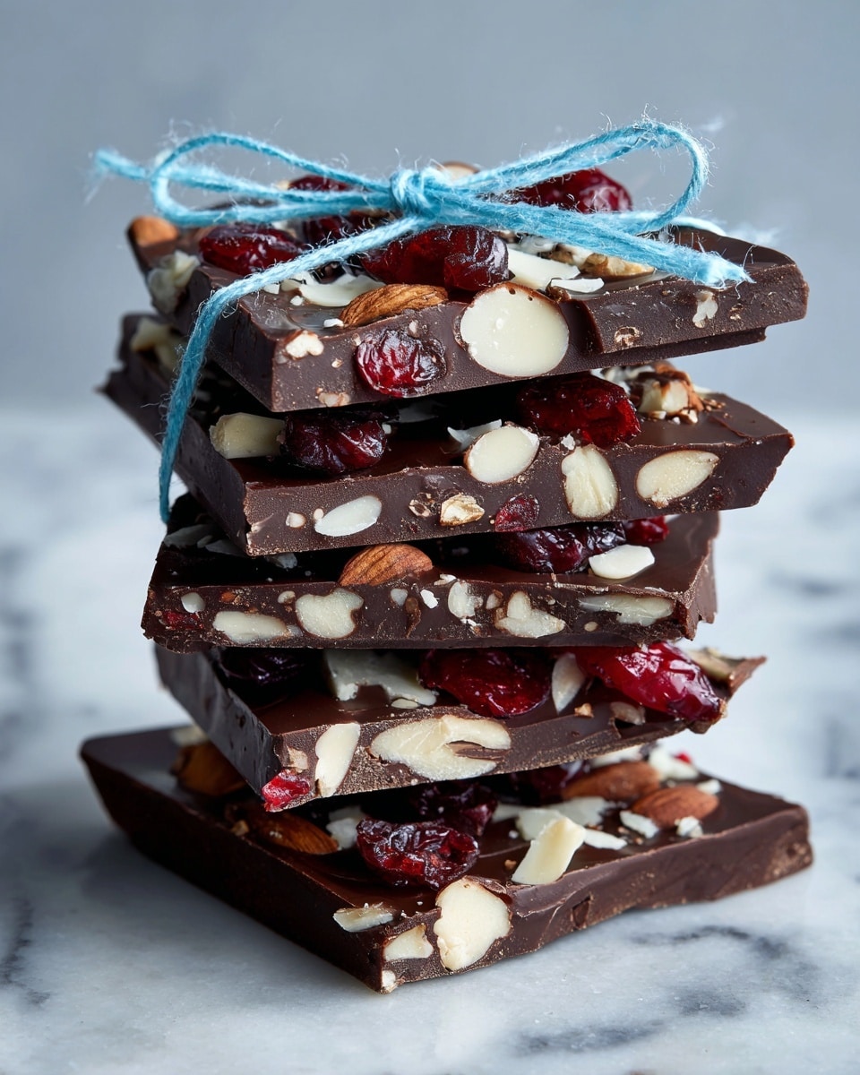 A stack of five uneven dark chocolate bark pieces tied together with a light blue string sits on a white marbled surface. Each layer is rich, deep brown chocolate mixed with scattered white almond slices and vibrant red dried cranberries, both embedded inside and sprinkled on top. The chocolate has a smooth, slightly wavy texture with some small crunch elements visible. The edges of the bark pieces are rough and thick, showing chunks of nuts inside with the dried fruit sitting on top and inside the chocolate. Photo taken with an iphone --ar 4:5 --v 7