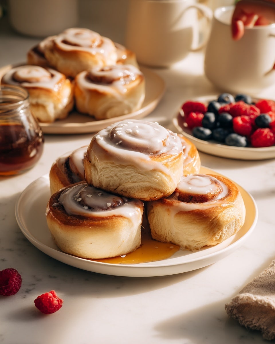 The image shows three thick slices of golden brown French toast, stacked slightly on top of each other on a wooden board with powdered sugar sprinkled evenly over them. Rich caramel syrup is drizzled generously across the toast, pooling a little on the board. Behind the toast, there are two golden cinnamon rolls with a glossy surface, their spirals clearly visible. Blueberries and a few red raspberries are scattered around the board, adding pops of color. To the right, a small glass jar filled with caramel syrup and a white ceramic pitcher with extra syrup can be seen. The background surface is a white marbled texture. Photo taken with an iphone --ar 4:5 --v 7