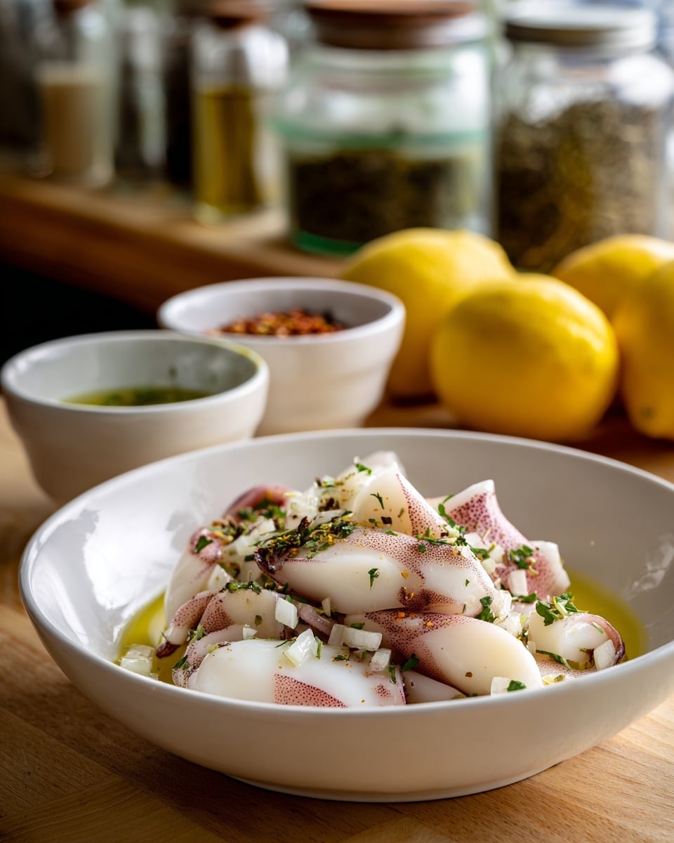 A white bowl filled with cut squid pieces layered at the bottom, white and pale pink pieces with a smooth, moist texture. The squid is topped with small pieces of chopped white onion and sprinkled with green dried herbs, all sitting in a shallow layer of golden olive oil. Behind the bowl, there is a white dish with green herb oil, two white triple-section dishes holding dried crushed red pepper and green herbs, and three whole yellow lemons. The background is a wooden surface and the overall scene has a warm kitchen feeling with blurred jars of herbs and liquids. photo taken with an iphone --ar 4:5 --v 7