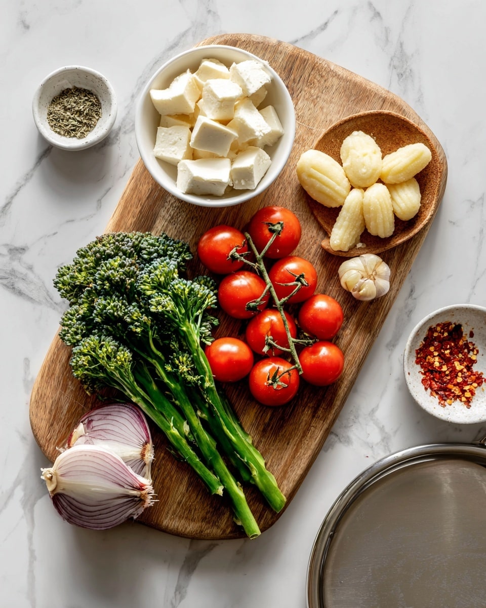 A wooden cutting board placed on a white marbled surface holds several fresh ingredients: a cluster of bright red cherry tomatoes with green stems, vibrant green broccolini with thick stems and floret tops, a small white bowl filled with soft white cheese chunks, and half a red onion showing rings and layers. Next to the board, a white bowl contains many pale, ridged gnocchi pieces. Nearby, a small white bowl on a small wooden plate has dried oregano, red chili flakes, and garlic slices. A metal tray with a shiny surface is partially visible to the right. The scene is bright and clear, with a natural and fresh feel. Photo taken with an iphone --ar 4:5 --v 7