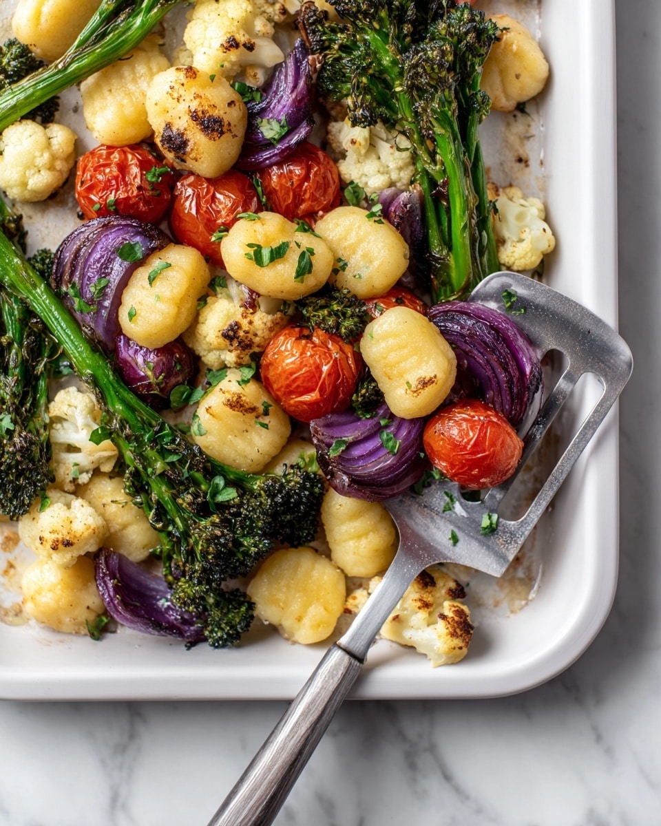 A white baking tray filled with cooked gnocchi that have a light golden color and a soft, pillowy texture. Amid the gnocchi are bright red roasted cherry tomatoes with wrinkled skins, charred green broccolini with slightly blackened tips, and slices of purple onions that have softened and caramelized edges. Small pieces of light golden roasted cauliflower are scattered around, all lightly sprinkled with chopped green herbs. A silver slotted spatula rests on the tray, lifting some of the gnocchi, tomatoes, broccolini, onion, and cauliflower. The tray sits on a white marbled surface photo taken with an iphone --ar 4:5 --v 7