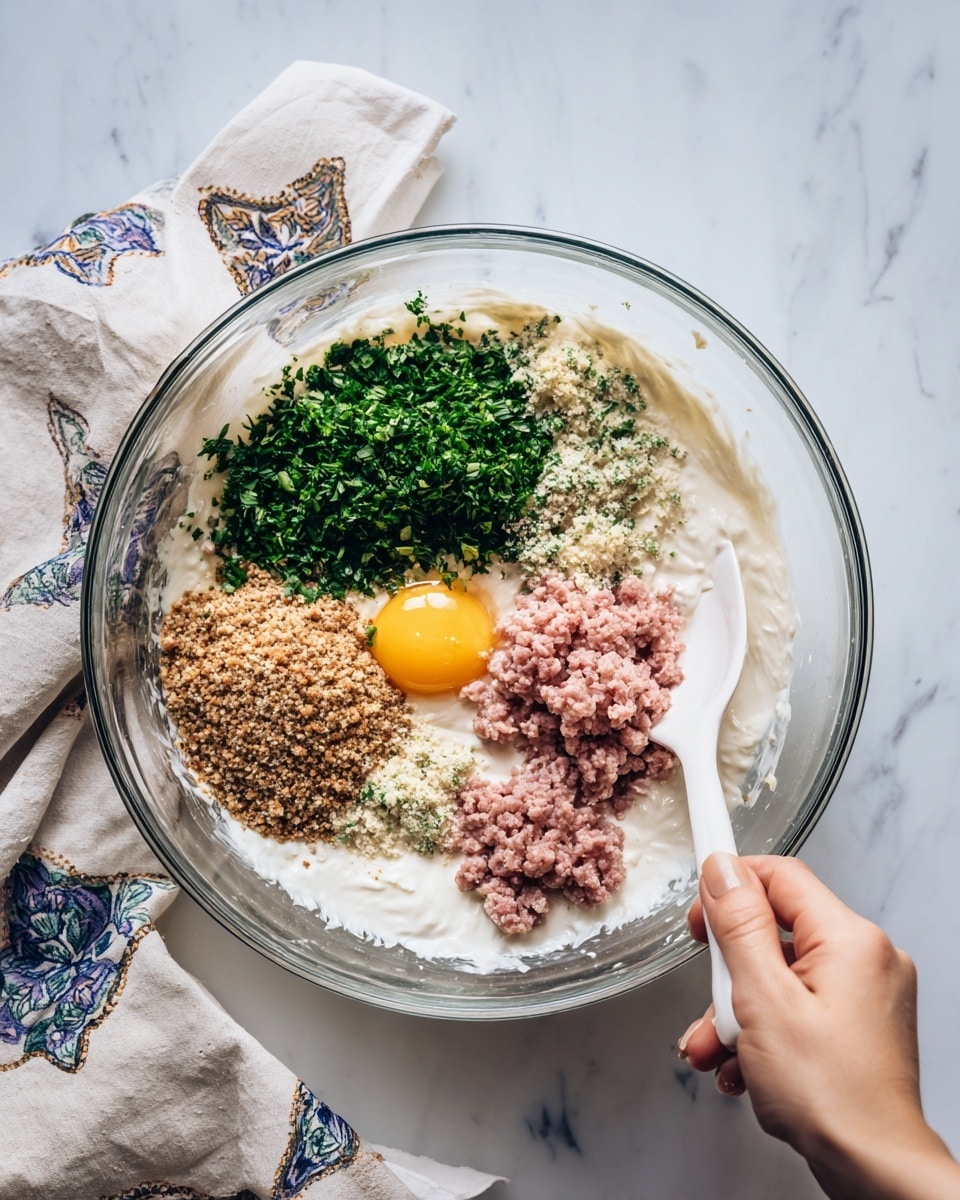 A clear glass bowl sits on a white marbled surface with a mixture of ingredients inside. The bowl contains a layer of creamy white substance, finely chopped green herbs on one side, a raw egg yolk near the center, brownish breadcrumbs next to the herbs, and a small pile of pinkish ground meat. A white spatula rests inside the bowl, held by a woman's hand that is partially visible. Nearby, there is a folded white cloth with a blue and beige pattern. photo taken with an iphone --ar 4:5 --v 7