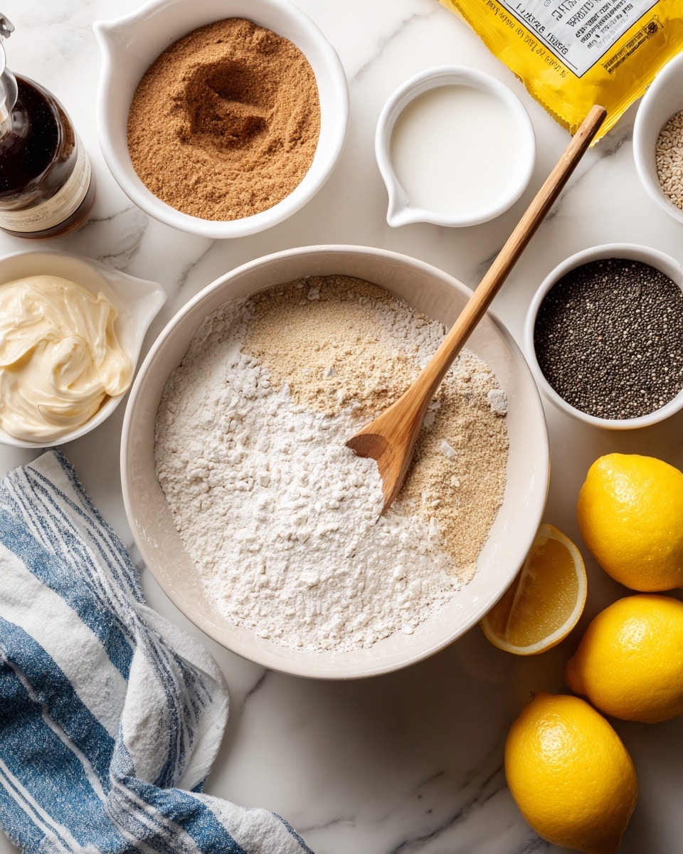 The image shows a white bowl filled with three layers of dry ingredients visible from above: a base of white flour, a middle layer of pale beige almond flour or similar, and a top layer of white baking soda or powder, all mixed gently with a wooden spoon resting inside. Around this bowl, on a white marbled surface, there is a smaller white bowl containing a brown sugar-like powder with a wooden spoon in it, a container of cream cheese spread, a small clear measuring cup with white milk, and two small white bowls, one filled with a dark brown liquid and the other with black chia seeds. Three bright yellow lemons sit to the right with an open package of chia seeds beside them. A dark bottle labeled extra virgin olive oil sits on the left, and a blue and white striped cloth lies underneath part of the main bowl. The photo taken with an iphone --ar 4:5 --v 7