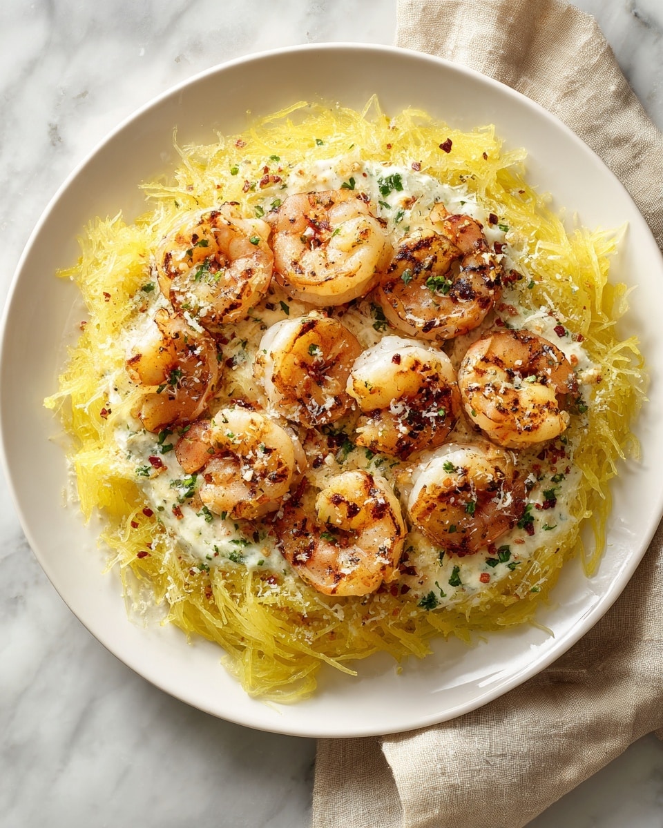 A white plate on a white marbled surface holds a dish with two layers. The bottom layer is a nest of yellow spaghetti squash strands spread in a circle. On top lies a creamy white sauce with small green herb pieces mixed in. Seven golden brown grilled shrimp are arranged in the center on the sauce. The dish is sprinkled with finely grated white cheese and small green herb bits on top. A beige cloth sits partially under the plate. photo taken with an iphone --ar 4:5 --v 7