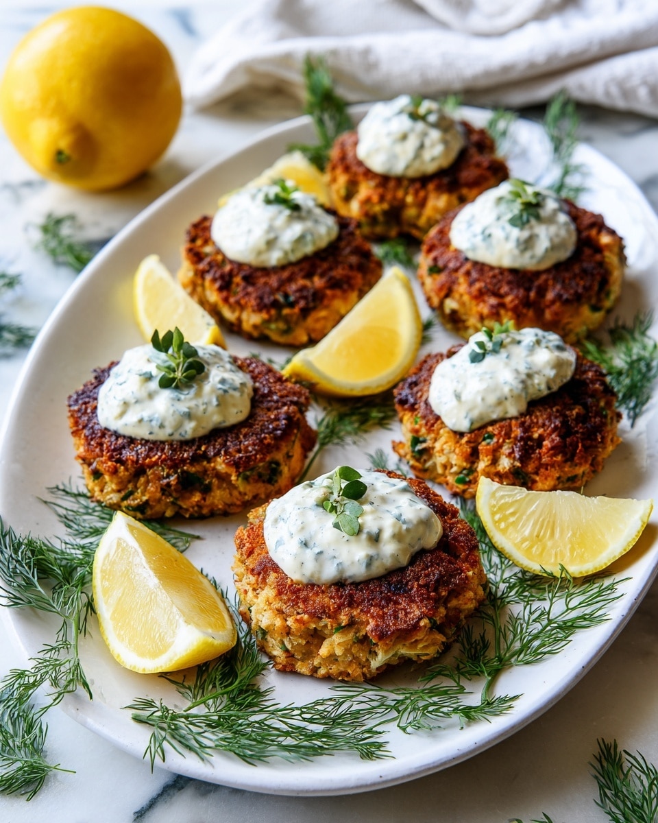 The image shows six golden-brown crab cakes arranged in two rows on a white oval plate placed on a white marbled surface. Each crab cake has a crispy, textured outer layer with bits of green herbs visible inside. On top of each crab cake is a dollop of creamy white sauce with small herb pieces, and a sprig of fresh dill garnishes the front crab cake. Around the crab cakes are a few sprigs of dill and two lemon wedges, one near the front and one in the background. The lighting gives the dish a warm and appetizing look. Photo taken with an iphone --ar 4:5 --v 7
