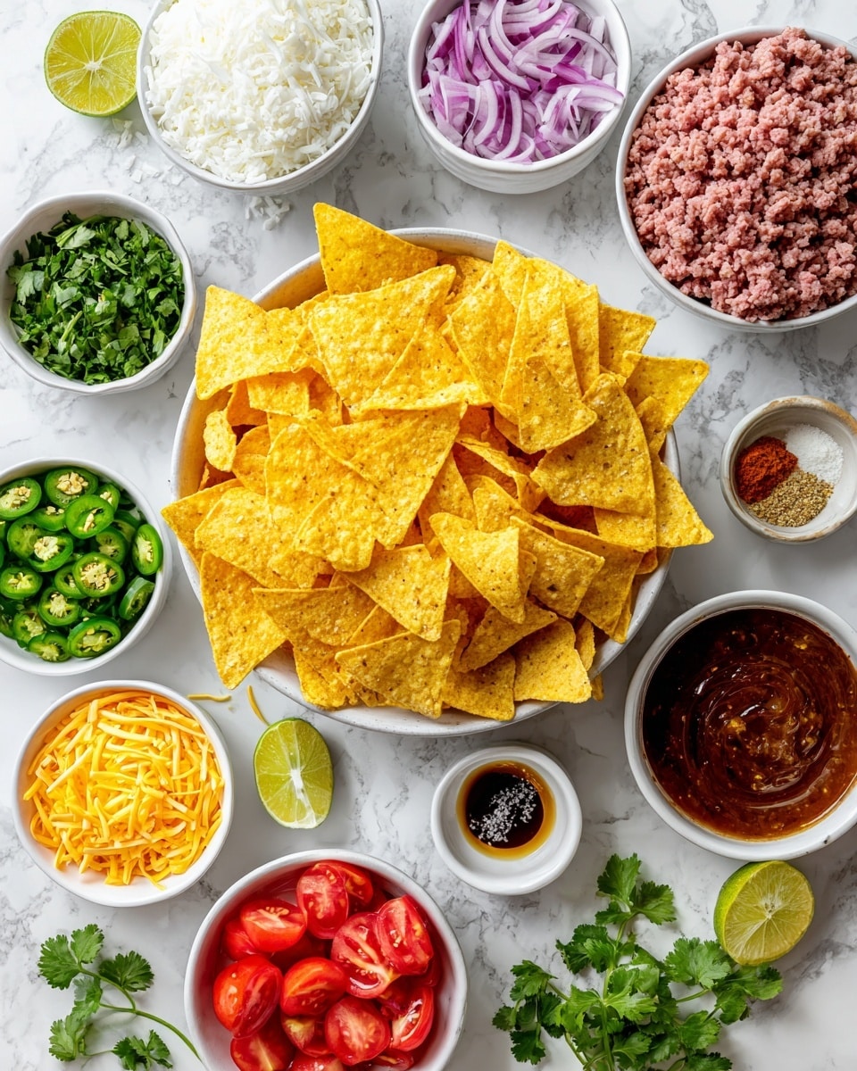 A white bowl of yellow tortilla chips is in the center surrounded by small white bowls filled with different ingredients. There is one bowl with raw ground meat, another with white rice, and one with chopped green cilantro. Other bowls contain sliced green jalapeños, halved red cherry tomatoes, chopped purple onions, crumbled white cheese, lime wedges, and sauces in red, brown, and yellow colors. All bowls and chips are placed on a white marbled surface. photo taken with an iphone --ar 4:5 --v 7