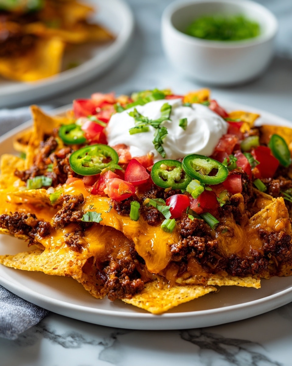 A white plate filled with a base layer of light golden tortilla chips, covered by a thick layer of dark brown cooked ground meat with melted bright orange cheddar cheese evenly spread on top. Over the cheese, there is a fresh layer of red diced tomatoes mixed with finely chopped green onions and cilantro. Sliced green jalapeño peppers are placed on top, and the dish is finished with a dollop of white sour cream garnished with small green herb leaves. The plate sits on a white marbled textured surface. photo taken with an iphone --ar 4:5 --v 7