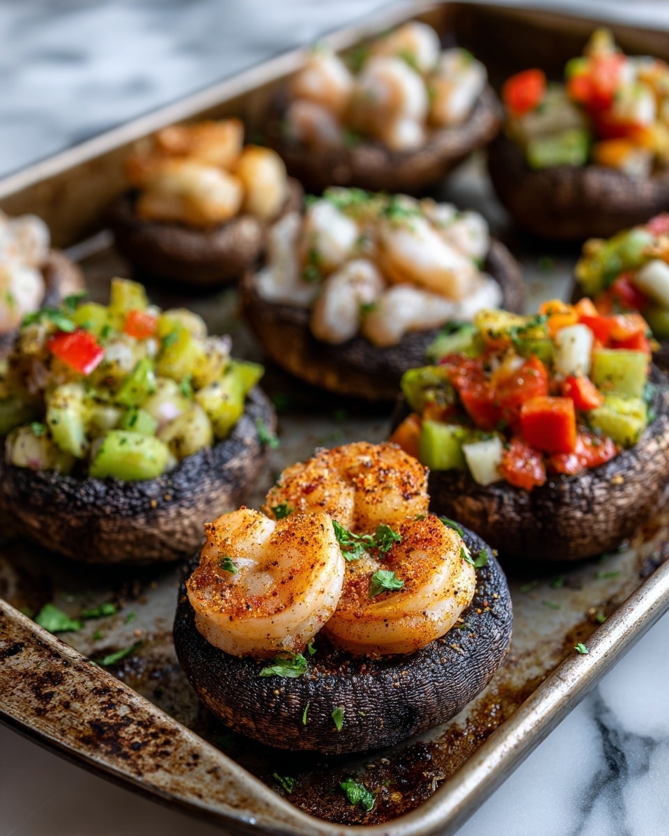 The image shows a white plate with several stuffed mushrooms on a white marbled surface. Each mushroom has three layers: a dark brown mushroom base with a slightly wrinkled texture, a middle layer of creamy, golden toasted cheese filling, and on top, two grilled shrimp with a light pink-orange color and slight char marks. The dish is garnished with small bits of fresh green herbs scattered over the mushrooms and plate. Soft natural light from large windows in the background highlights the textures and colors of the food. Photo taken with an iphone --ar 4:5 --v 7