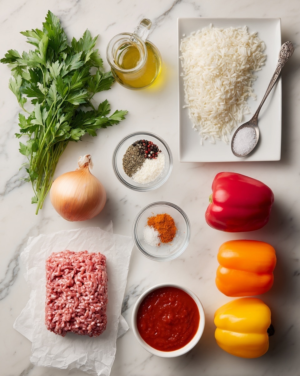 A white plate with stacked layers of food arranged neatly: the bottom layer is smooth white rice, topped by a thick, rich red tomato sauce with visible seeds and herbs, followed by a layer of shredded yellow cheese slightly melting into the sauce. Bright red and orange bell peppers with a shiny, smooth texture lie beside the plate on a white marbled surface, with a bowl of more tomato sauce and small bowls of spices and shredded cheese nearby. A woman's hand is reaching toward the plate, and the lighting highlights the vibrant colors and textures clearly, photo taken with an iphone --ar 4:5 --v 7