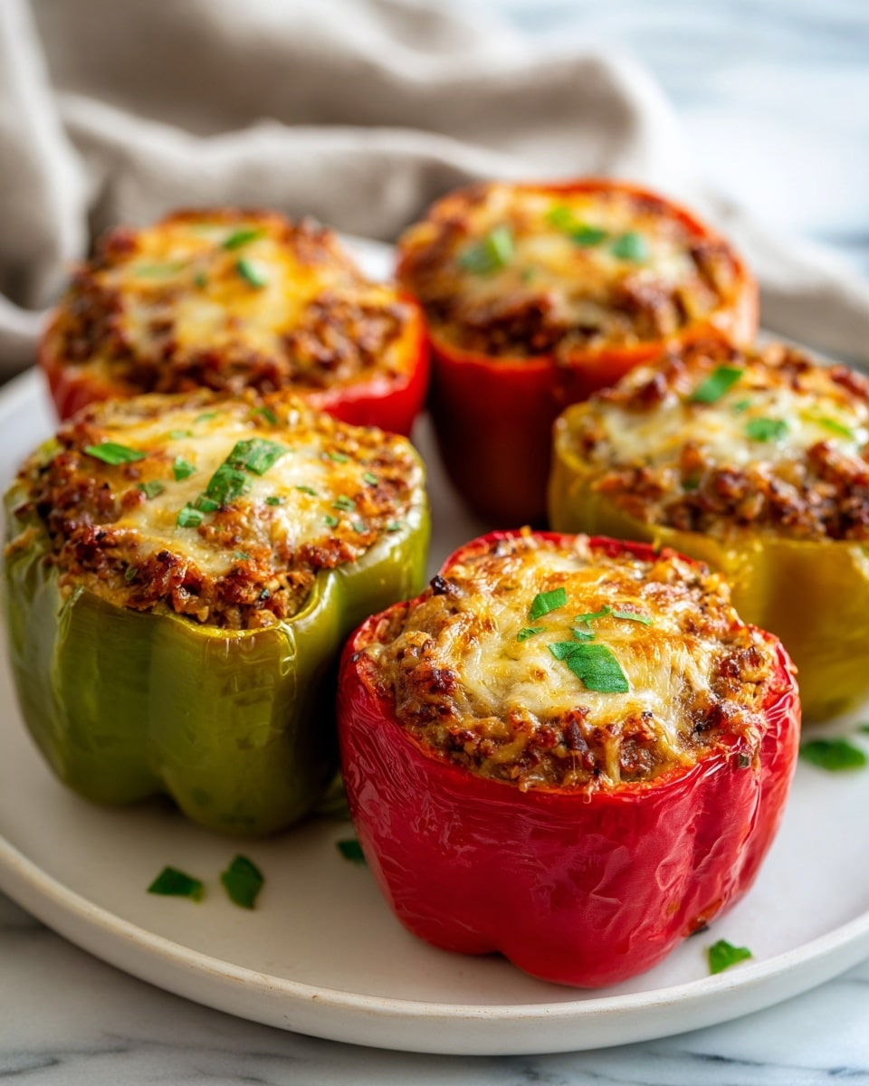 Four stuffed bell peppers sit close together on a white plate over a white marbled surface. The peppers, two red and two green, are hollowed out and filled with a rice and meat mixture topped with melted light brown cheese, with small green parsley leaves sprinkled on top. The peppers’ edges are shiny and slightly wrinkled, indicating they are cooked, and the cheese shows a soft texture, slightly browned in places. A gray and white striped cloth is partly visible in the background. photo taken with an iphone --ar 4:5 --v 7