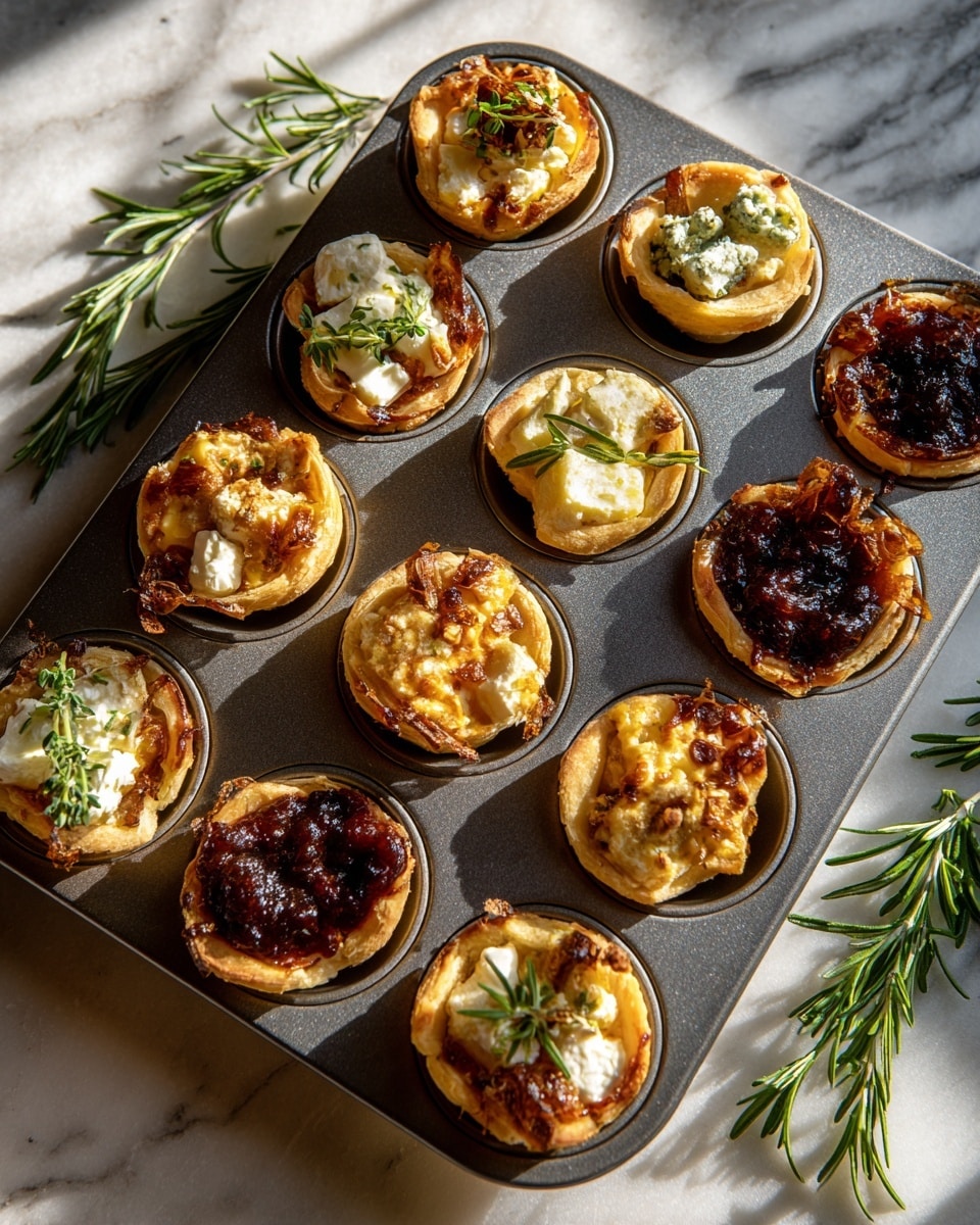 A golden muffin tray holds twelve small round baked cups, six of which have a creamy white layer topped with fresh green rosemary sprigs, giving a soft and smooth look. The other six cups show a mix of white creamy base, dark red chunky sauce, and small pieces of white crumbly cheese on top, creating a textured and colorful contrast. The tray rests on a white marbled surface with some fresh green herbs scattered around, and sunlight casts soft shadows over the scene. Photo taken with an iphone --ar 4:5 --v 7