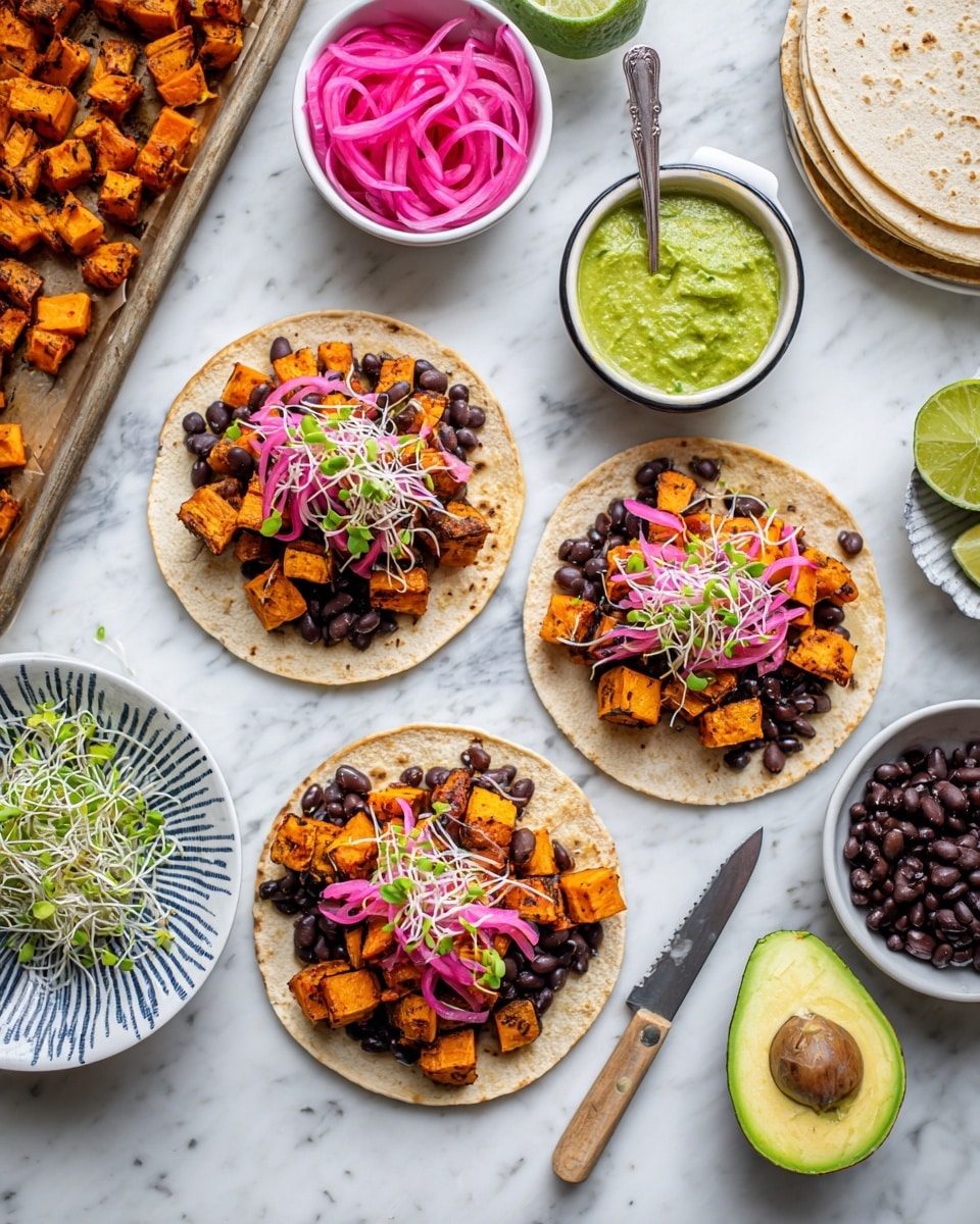 Three taco tortillas are open on a white marbled surface, each topped with spread orange sweet potato cubes, black beans, and thin pink pickled onions, finished with scattered green sprouts. Nearby, a white plate holds more plain tortillas stacked neatly. A white bowl with a spoon contains black beans, and a baking tray with more roasted sweet potatoes is in the upper right corner. Halved lime, half an avocado, a bowl of green sauce, and a small bowl of extra pickled onions sit around the tortillas. The scene is bright with an inviting, fresh look. photo taken with an iphone --ar 4:5 --v 7