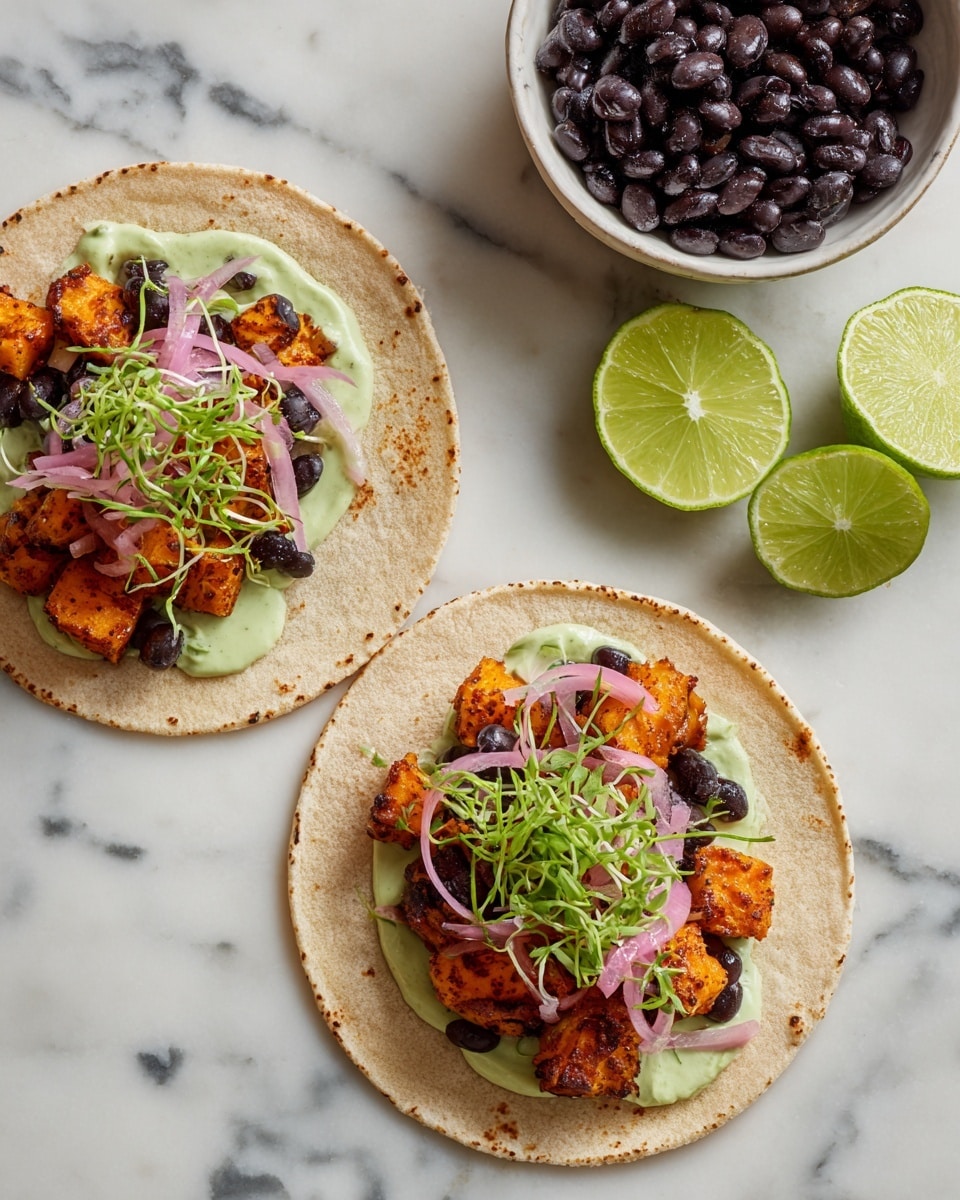 Two open tortillas are placed on a white marbled surface, each layered with a light green creamy sauce spread on the base, topped with bright orange roasted sweet potato pieces. Black beans are scattered over the sweet potatoes along with thinly sliced, vibrant pink pickled onions and fresh green sprouts. To the left, two lime halves show a juicy light green inside. On the right side, a white bowl with a gold rim holds shiny black beans and a silver spoon. The tortillas have a light slightly charred texture with small darker spots. photo taken with an iphone --ar 4:5 --v 7