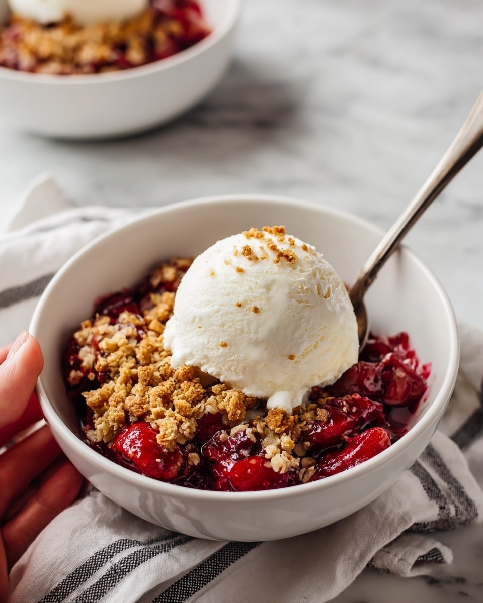 The image shows a white bowl with a thin black rim, filled with a crumbly fruit dessert that has a mix of brown and red colors, suggesting cooked berries and a crunchy topping. On top of the dessert is a smooth, creamy white scoop of ice cream with a light sprinkle of crumbs. In the background, another similar bowl is partially visible on a white marbled surface, with two silver spoons nearby. A woman’s hand is gently holding the front bowl. The lighting is soft and natural, giving the scene a cozy and inviting look. photo taken with an iphone --ar 4:5 --v 7